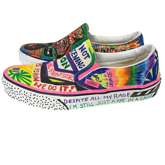 VANS Sneakers Custom Hand Drawn Graffiti Slide On Shoes Women 7.5 Men 6 Upcycled - Picture 13 of 16